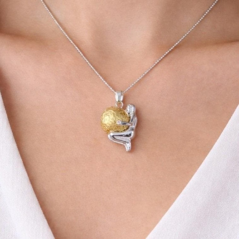 Vintage Harmony Ball Necklace Woman Figure Jingle Pendant Mixed Metal